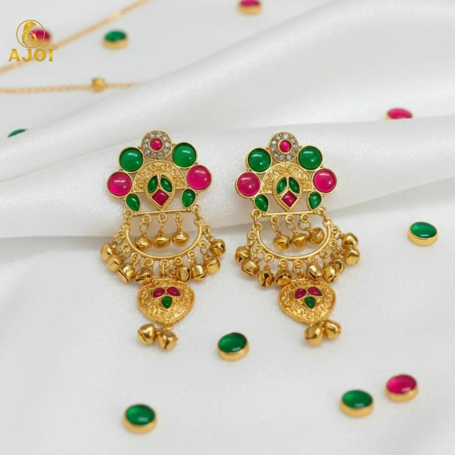 Kasmiri Gold-Plated Chandbali Earrings with Green & Pink Stones - Detailed Feature View 3