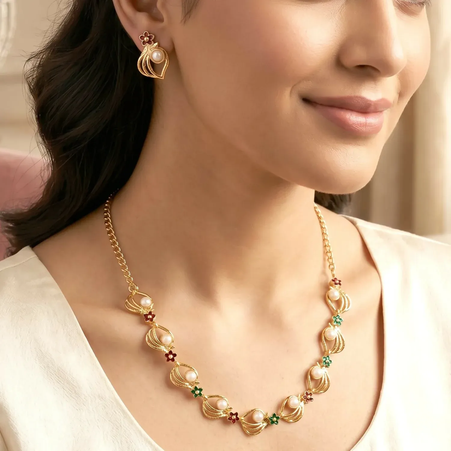 Gold-Plated Pearl Floral Necklace and Earrings Jewellery Set - Detailed Feature View 1