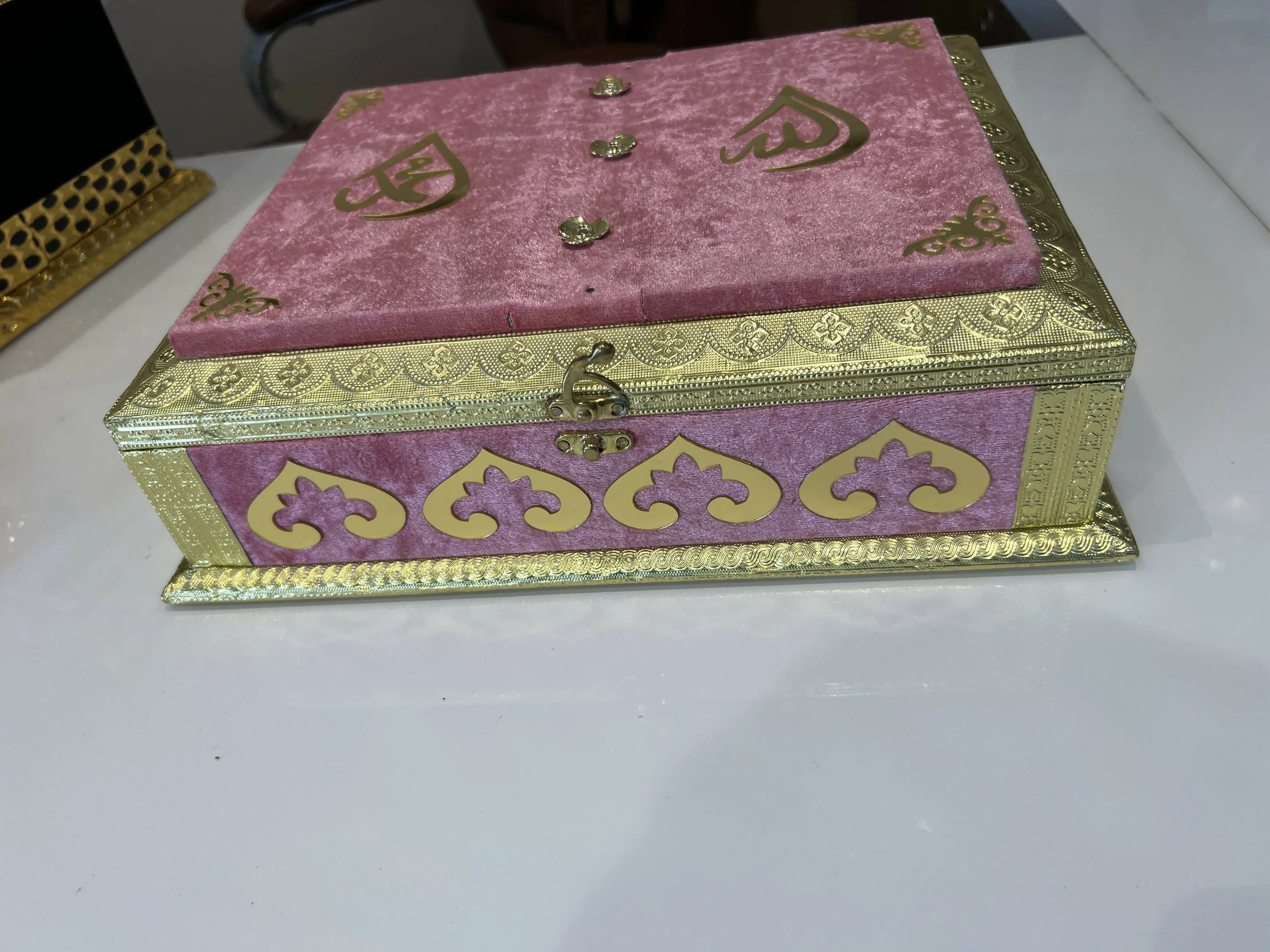 Luxury Velvet Quran Box with Folding Rehal and Golden Calligraphy - Detailed Feature View 4