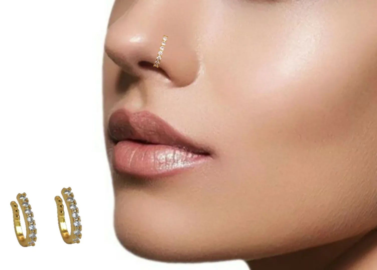 Gold-Plated CZ Lined Nose Ring Pair | Stylish Daily Wear Nosepins - Detailed Feature View 3