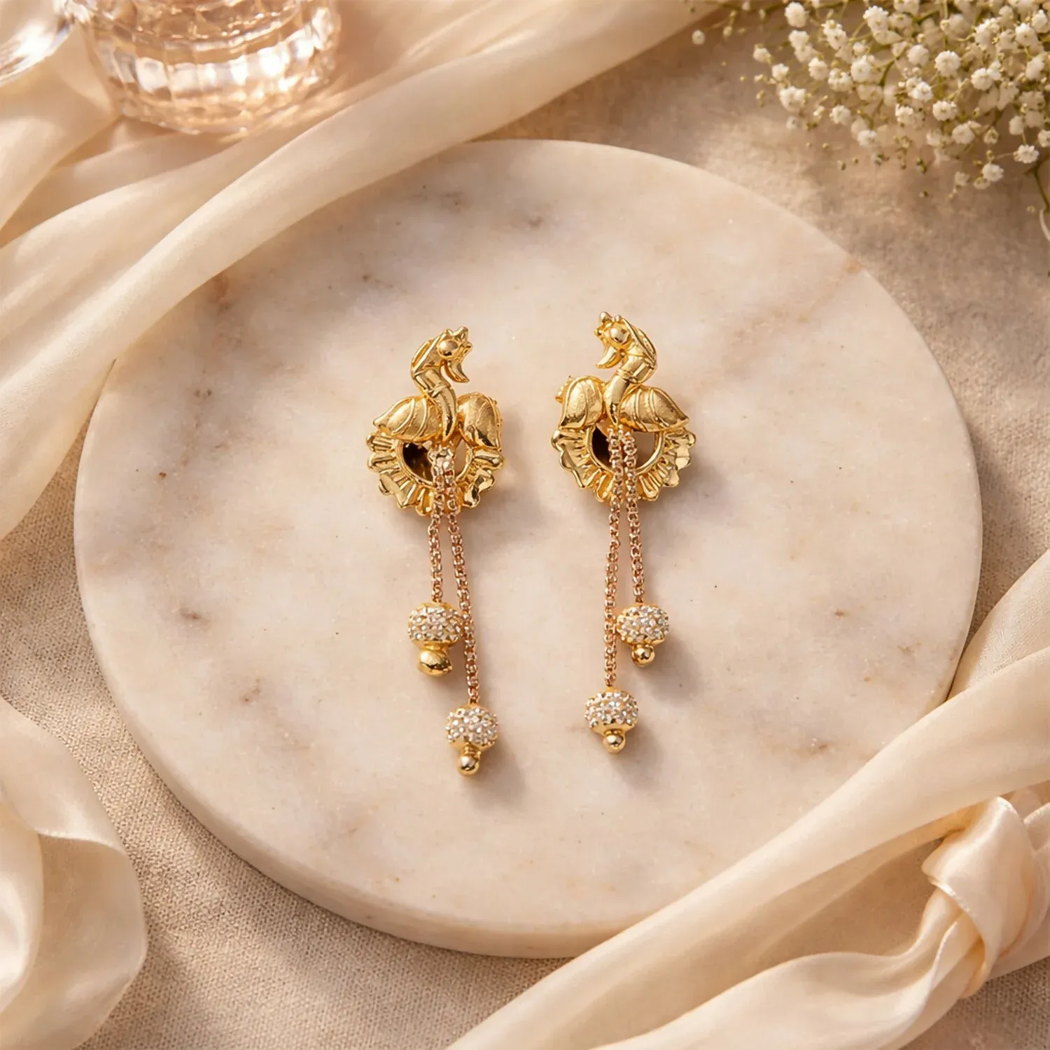 Classic Peacock Gold-Plated Dangling Earrings for Festive Wear (2 Pair) - Detailed Feature View 2
