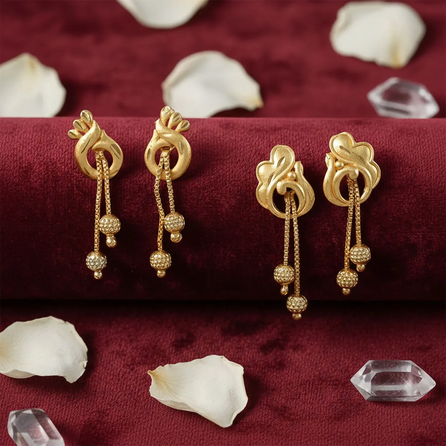 Premium Elegant Gold Dangle Earrings Combo Set with Floral and Heart Inspired Studs (2 Pair) - Buy Online at Alikart