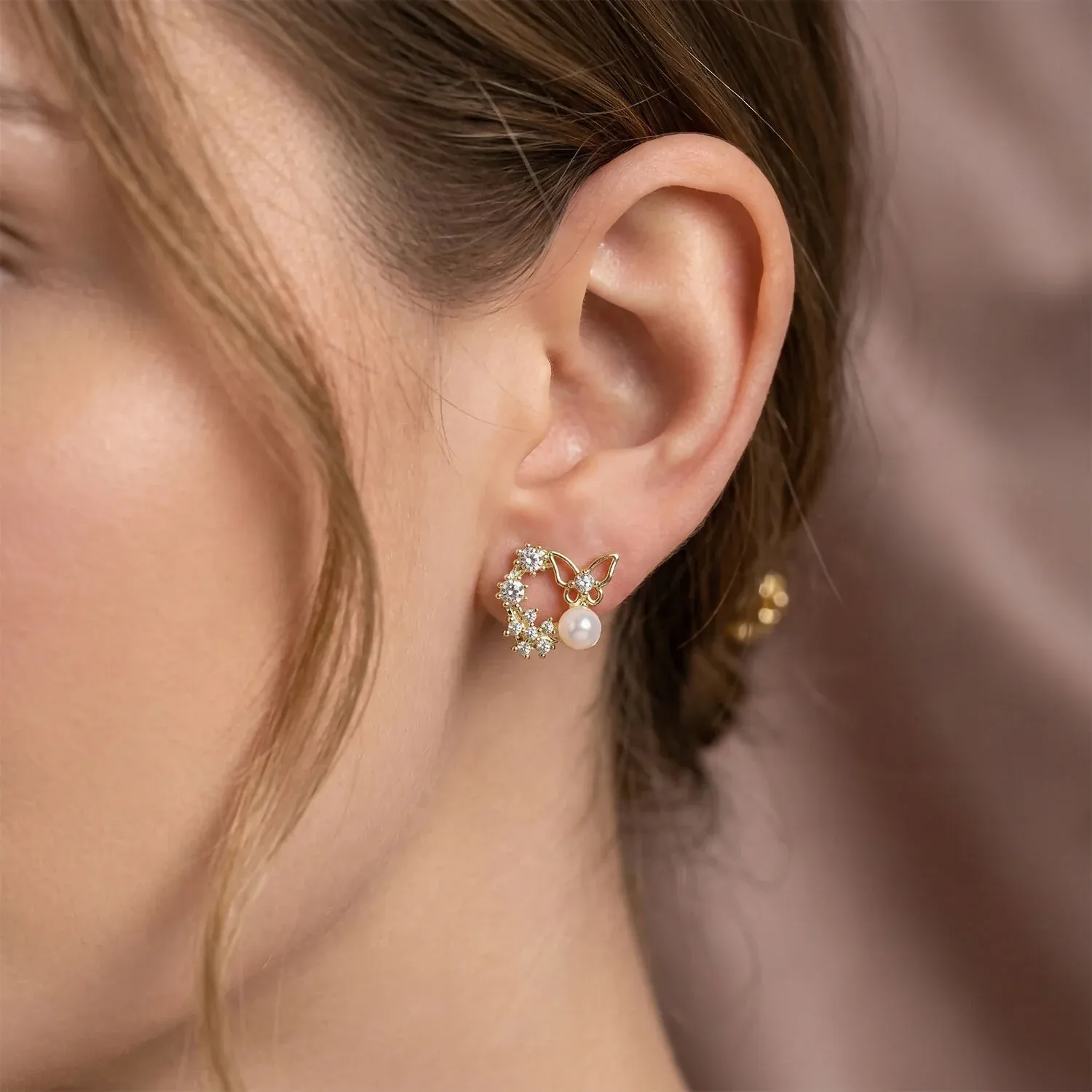 Butterfly Pearl Crystal Stud Earrings for Women & Girls - Detailed Feature View 2