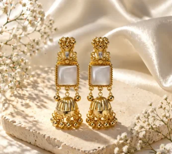 Premium Gold-Plated Traditional Pearl & Stone Jhumka Kashmiri Earrings