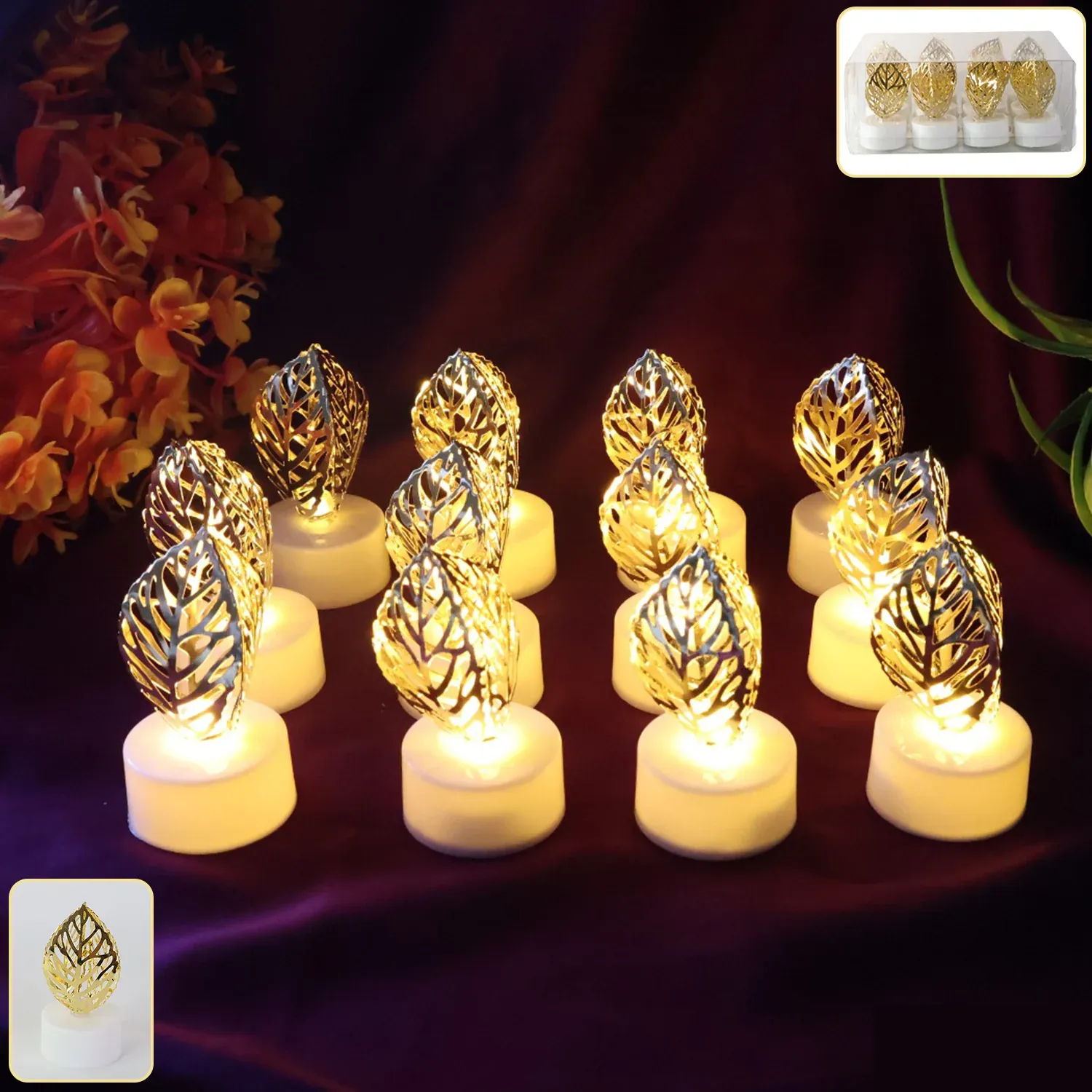 Premium Decorative Golden Leaf Shaped Flameless LED Candles (12 Pc) - Buy Online at Alikart