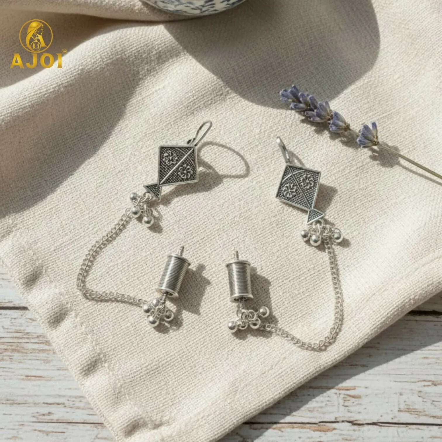 Premium Oxidised Silver Kite Design Earrings with Chain & Ghungroo - Buy Online at Alikart