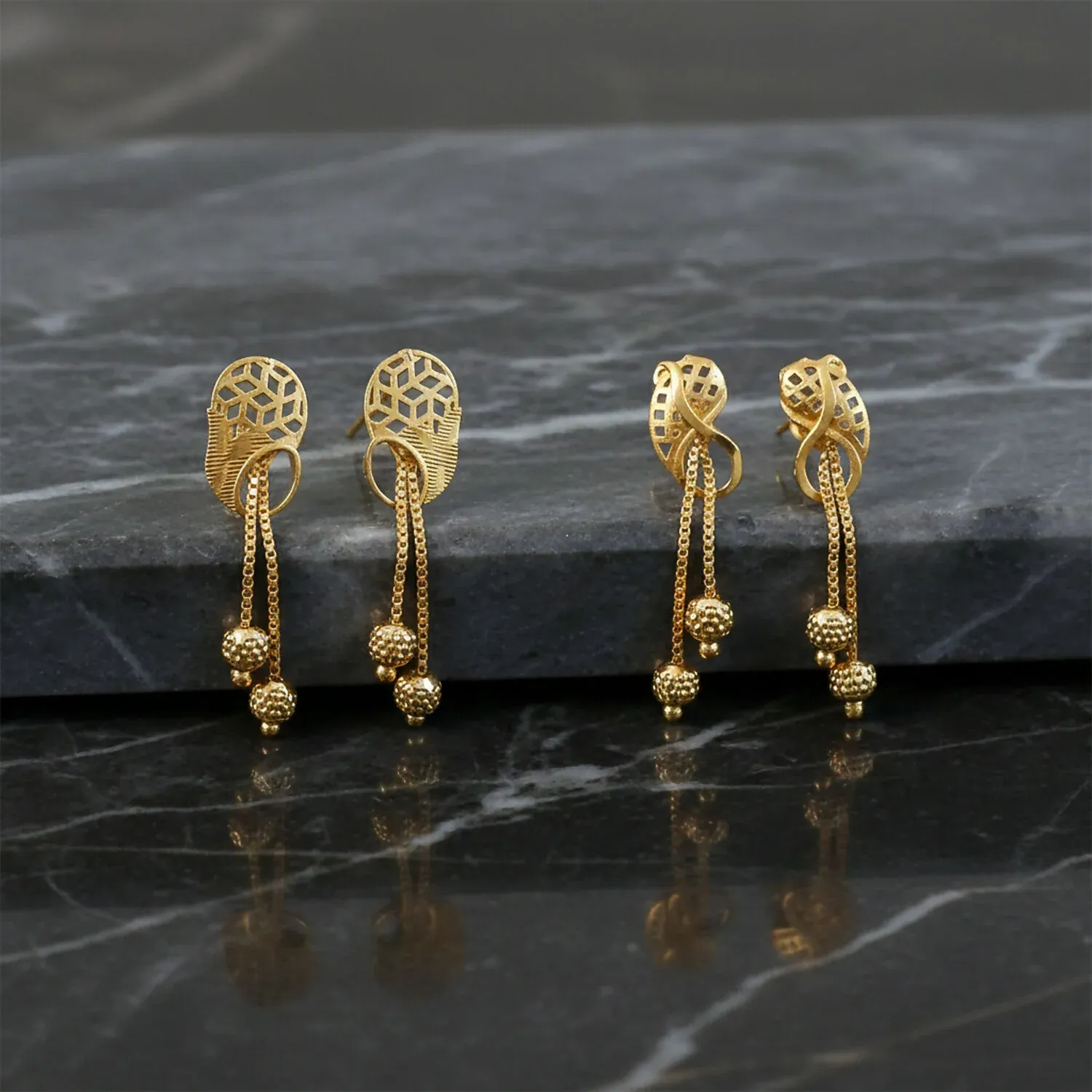 Vintage Inspired Geometric Gold Drop Earrings with Triple Bead Chain Drops (2 Pair) - Detailed Feature View 2