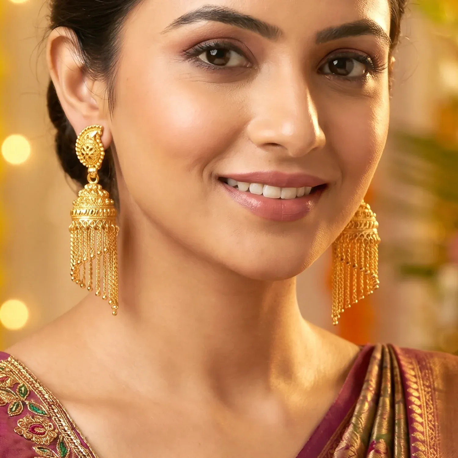 Gold-Plated Jhumka Earrings with Pearl Drops and Chain Detail - Detailed Feature View 4