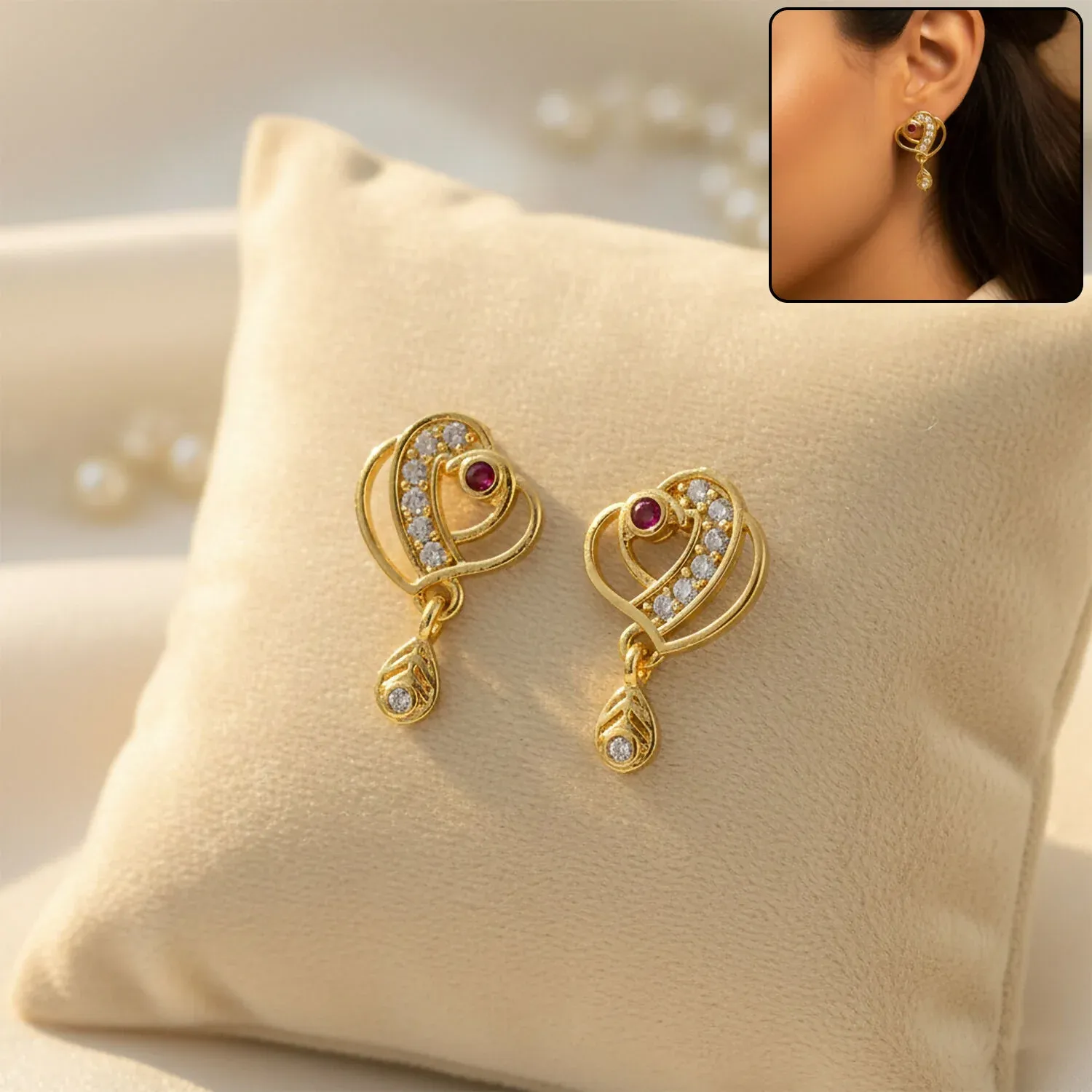 Premium Trendy Geometric Gold Earrings with Sparkling Stones & Drop Charm - Buy Online at Alikart