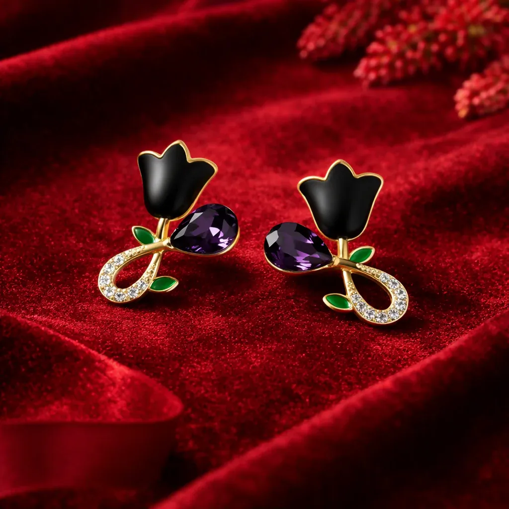Elegant Black Floral Gold Plated Stud Earrings with Crystal Detail - Detailed Feature View 4