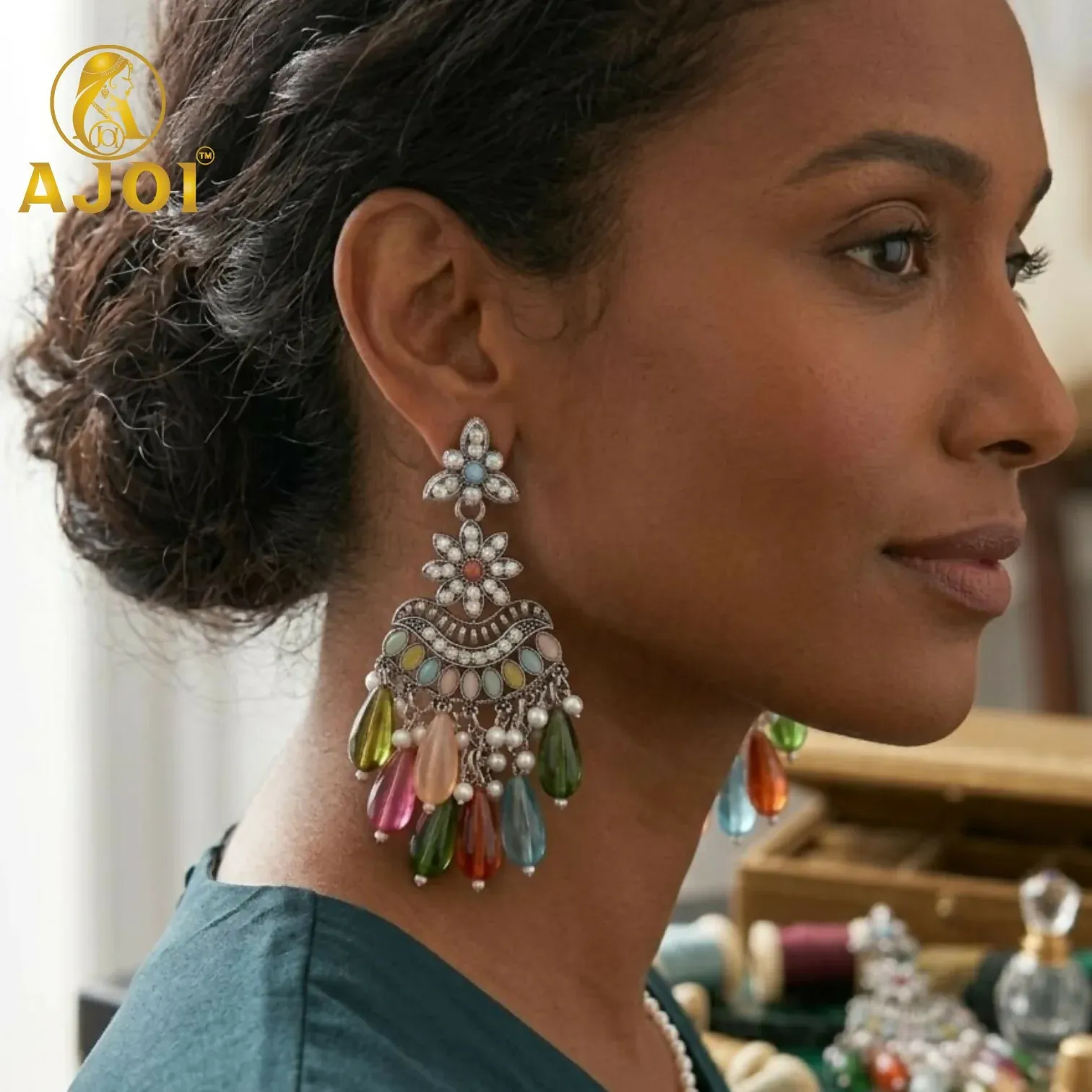 Oxidized Floral Earrings with Multicolor Drop Beads & Pearl Tassels - Detailed Feature View 1