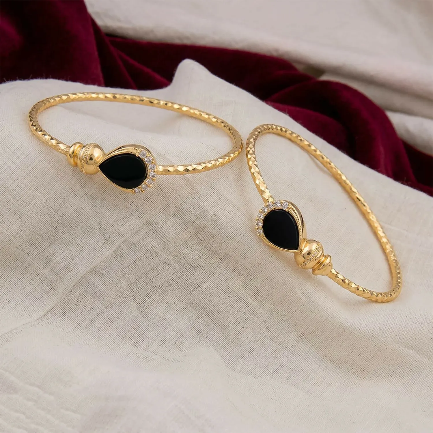 Gold Plated Black Stone Openable Kada Bracelet Pair - Detailed Feature View 1