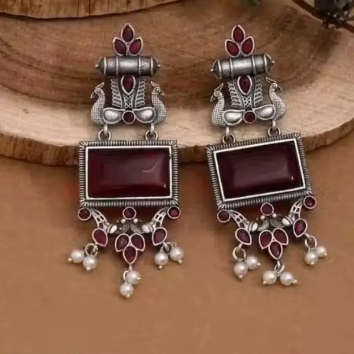 Traditional Oxidized Silver Maroon Stone Pearl Drop Earrings - Detailed Feature View 1