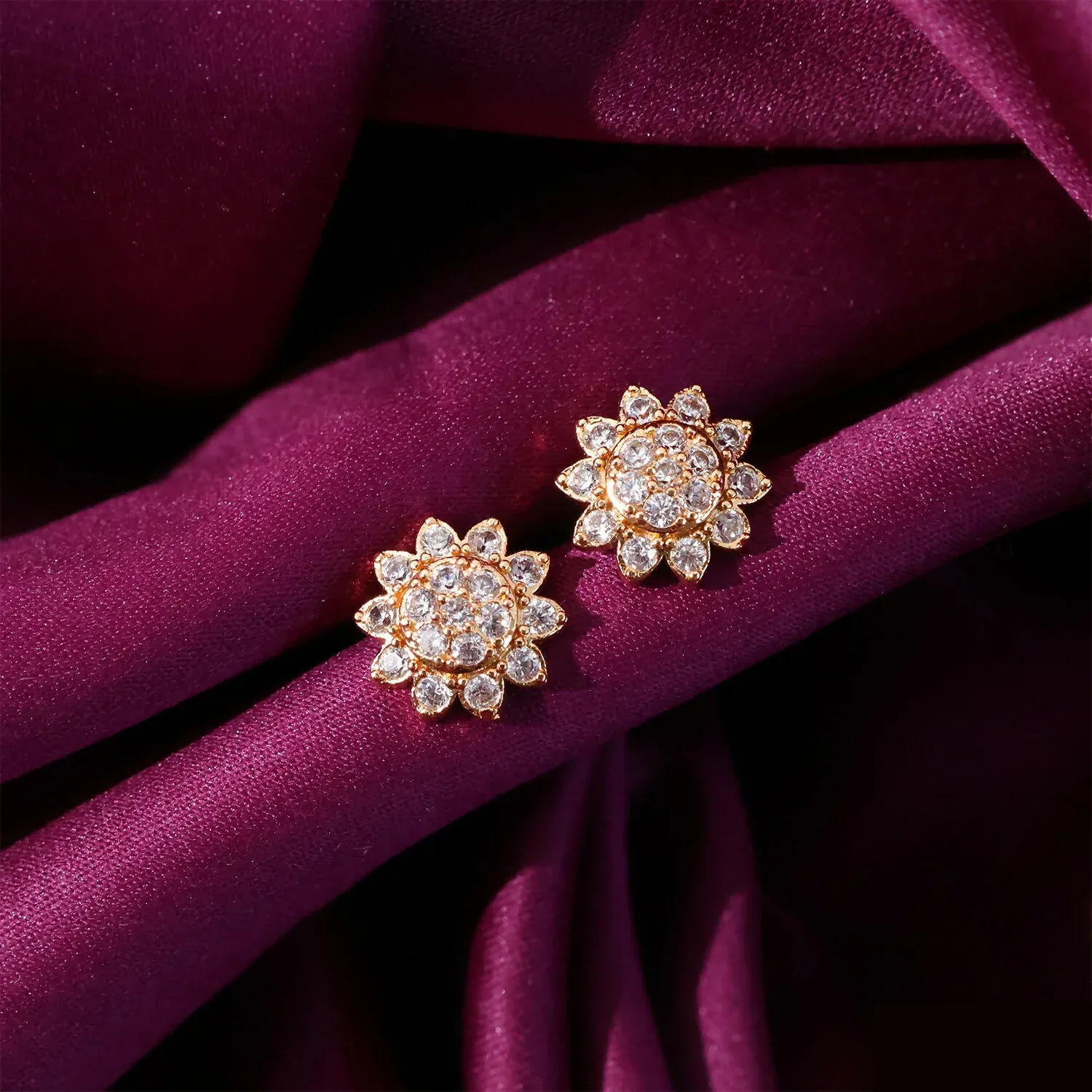 Elegant Floral CZ Stud Earrings with Gold Tone Finish for Daily & Party Wear Women - Detailed Feature View 3