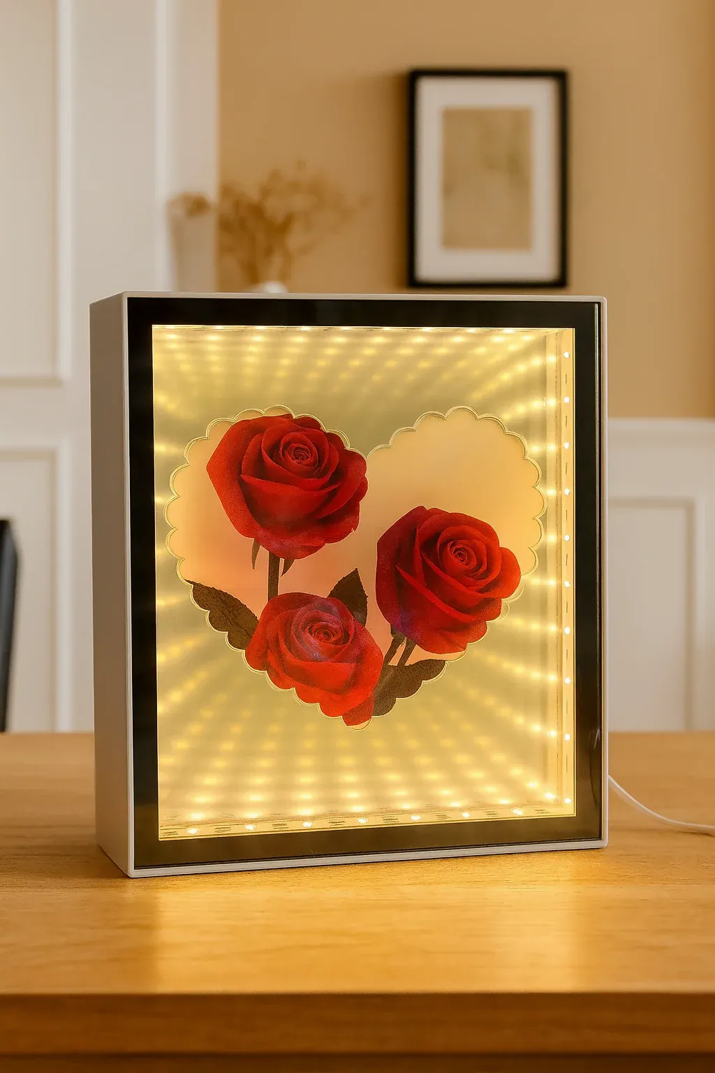 LED Rose Infinity Mirror Light Box | Romantic 3D LED Illusion Heart Shaped Rose Lamp | Decorative Tabletop Night Light for Bedroom, Living Room & Gifts | Valentine’s Day, Anniversary, Wedding, Home Décor - Detailed Feature View 2