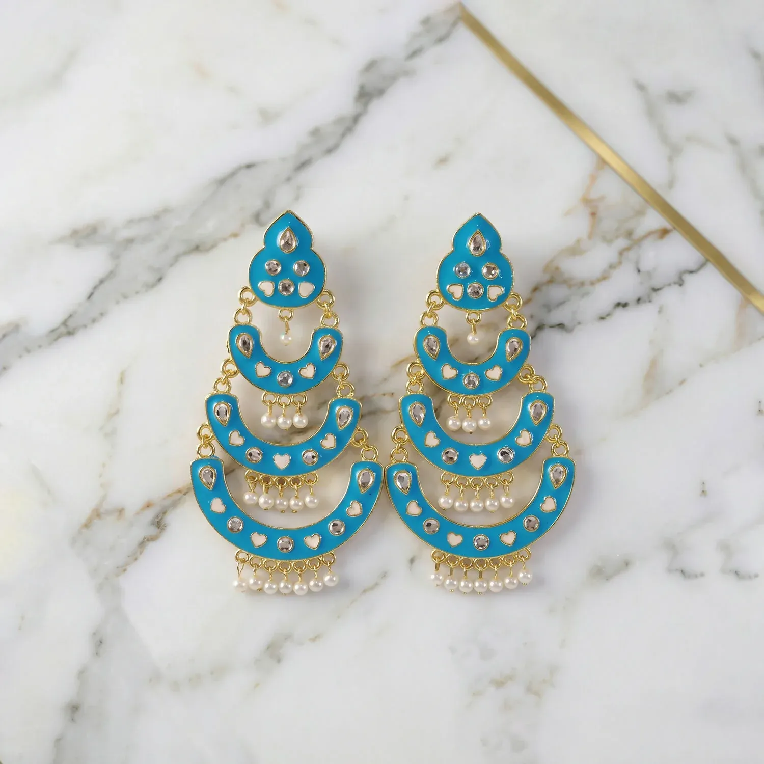 Sky Blue Layered Chandbali Earrings with Pearl Hanging for Women - Detailed Feature View 5