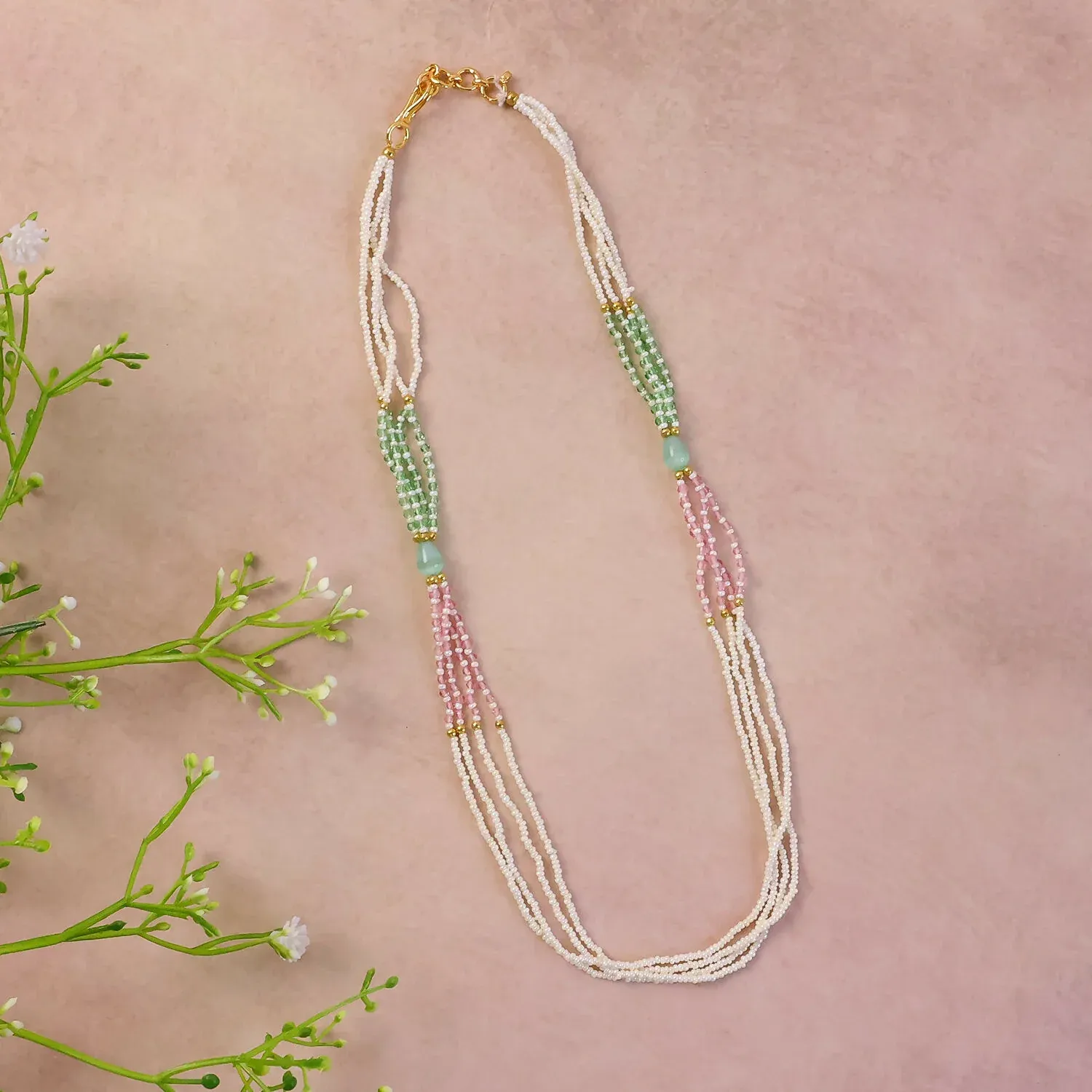 Premium Layered Pearl Mala Necklace with Pastel Green & Pink Beads - Buy Online at Alikart