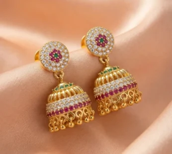 Gold-Plated Multicolour Ad Stone Studded Traditional Jhumka Earrings for Women