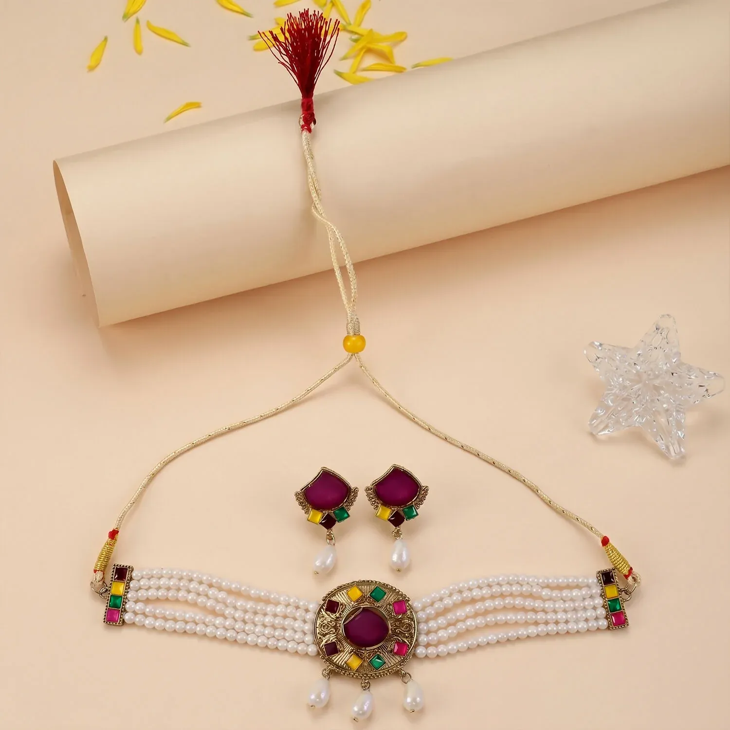 Traditional Purple Stone Pearl Choker Necklace Set with Earrings for Women - Detailed Feature View 3