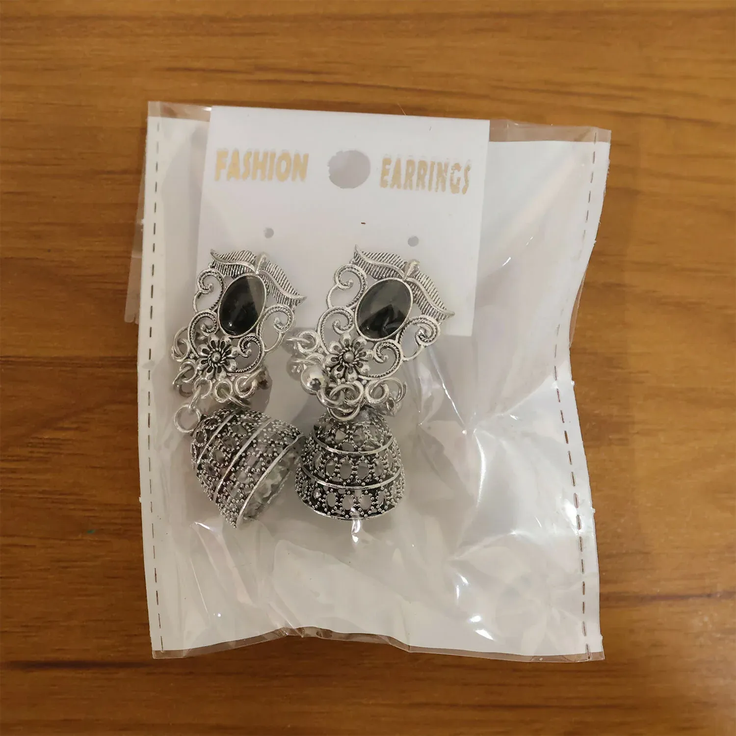 German Silver Jhumka Earrings with Black Monalisa Stones - Detailed Feature View 5