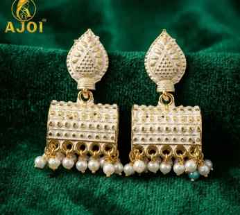 Elegant Gold Plated Pearl Drop Ethnic Earrings with White Design