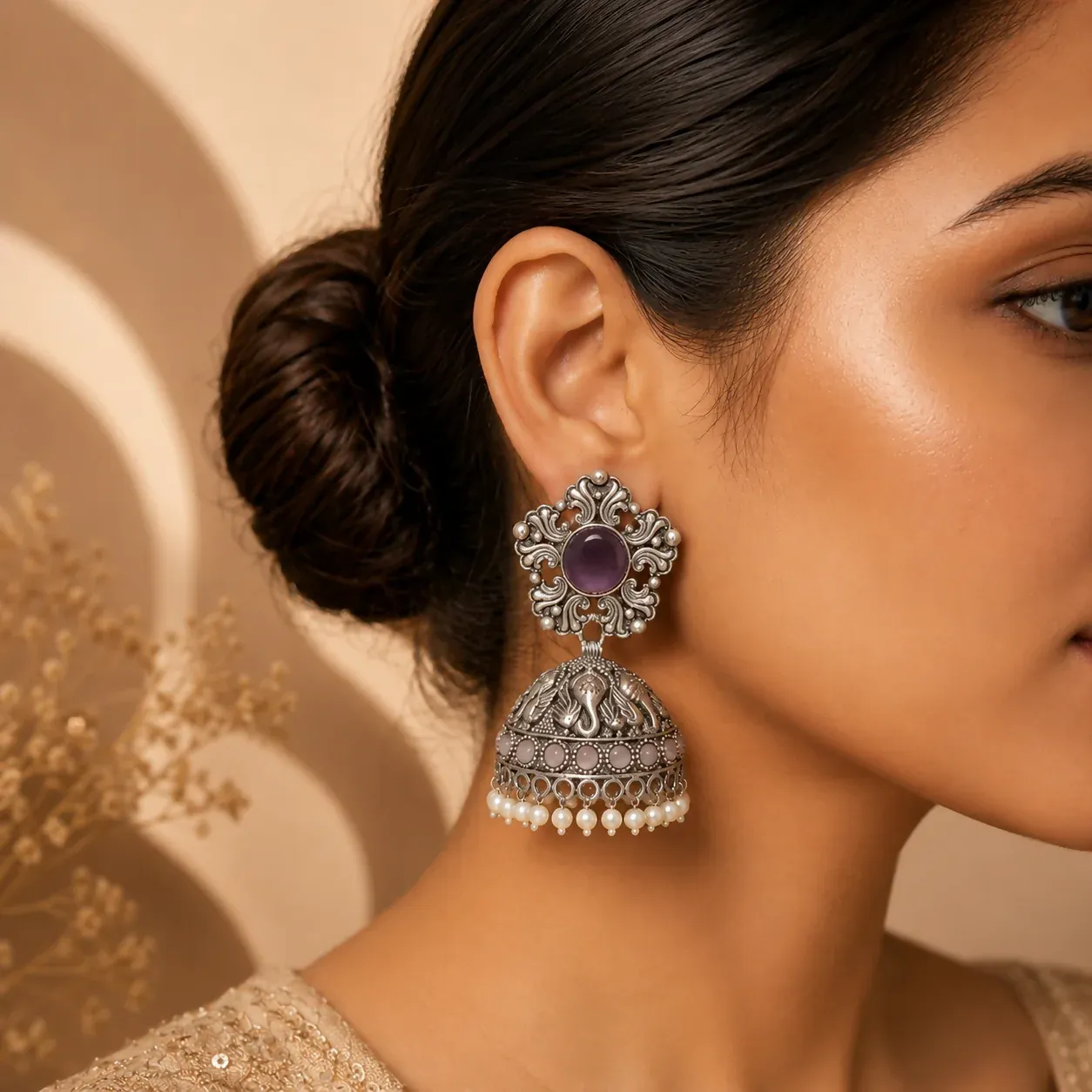 Oxidized Silver Jhumka Earrings with Purple Stone & Pearls - Detailed Feature View 1