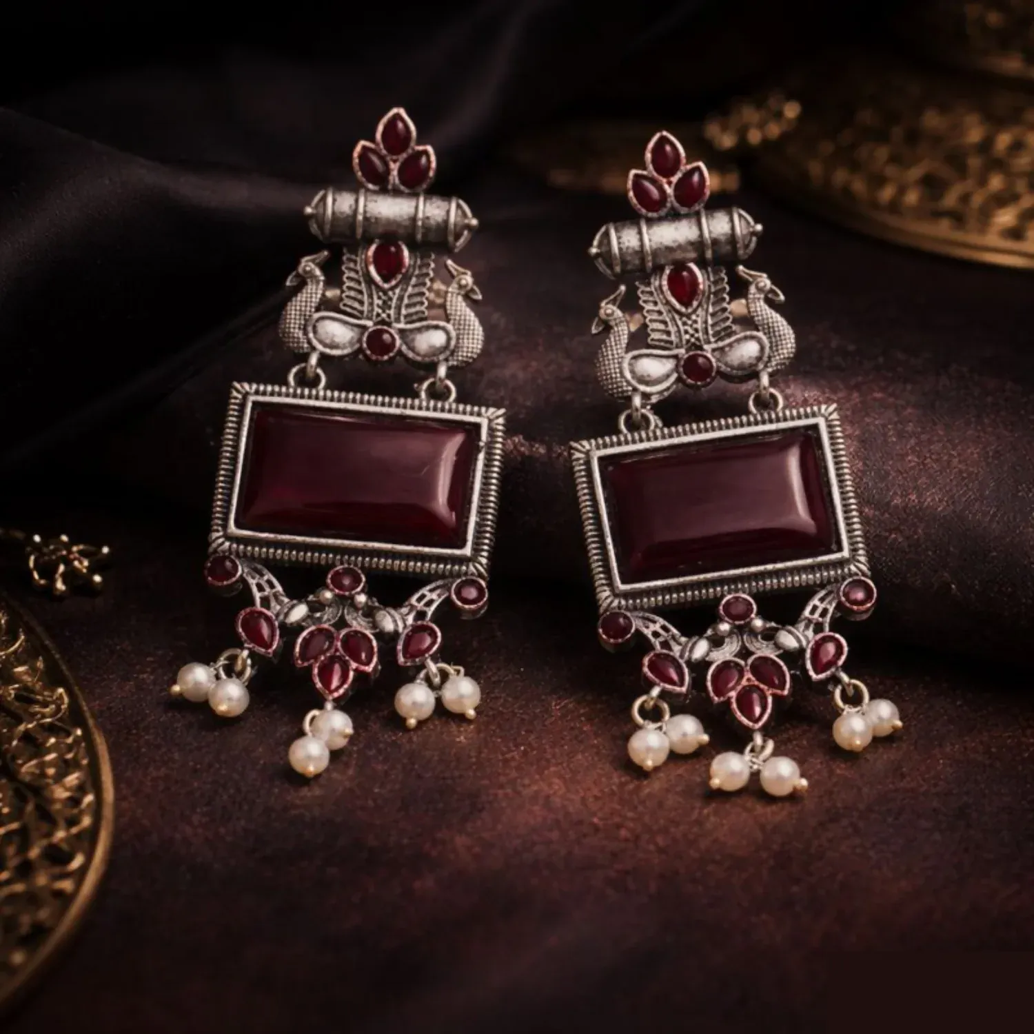 Traditional Oxidized Silver Maroon Stone Pearl Drop Earrings - Detailed Feature View 3