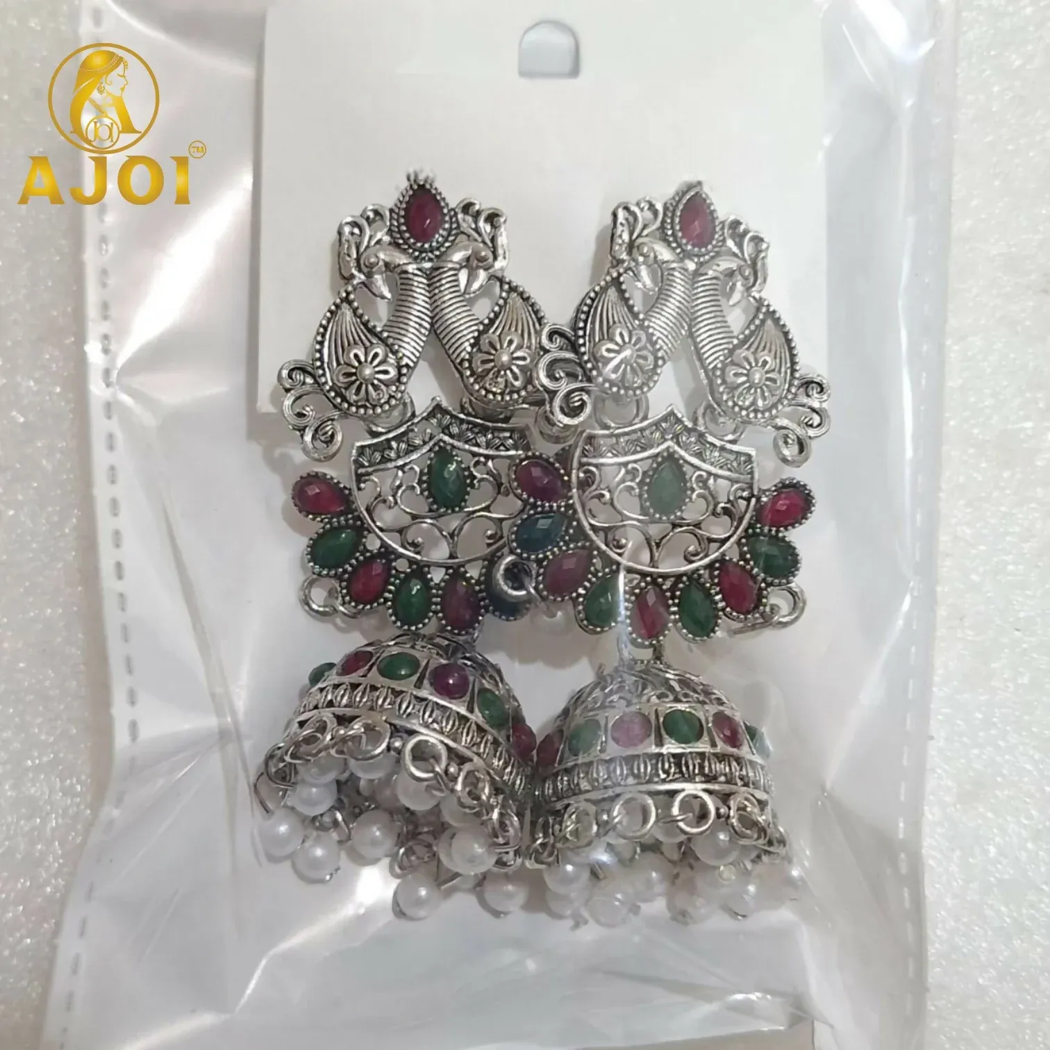 Oxidized Silver Peacock Jhumka Earrings with Ruby Green Stones & Pearls - Detailed Feature View 4