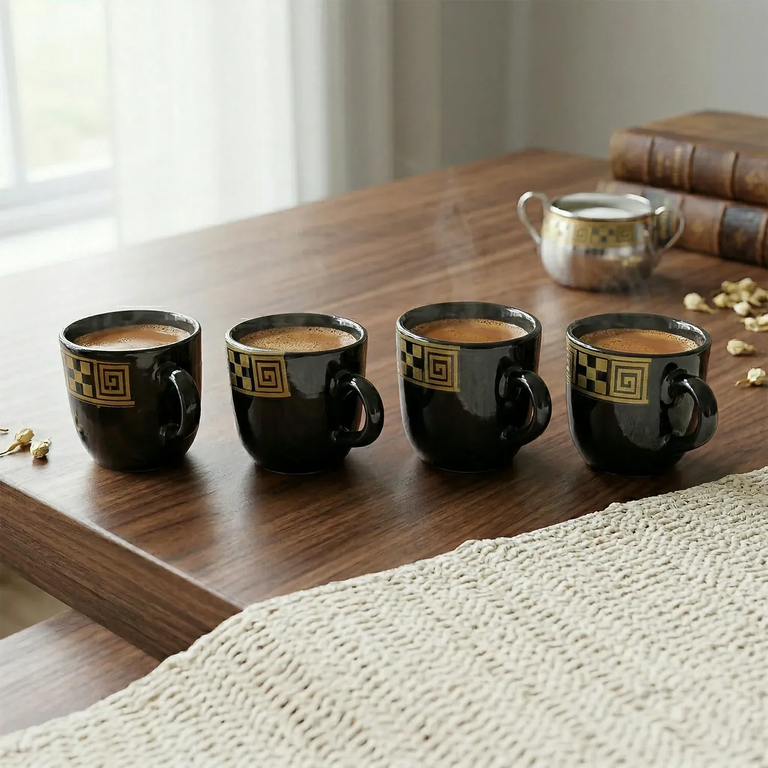 Hot Espresso Cup Set Black Gold Coffee Mug Bowl Set with Serving Pot (9 Pc) - Detailed Feature View 1