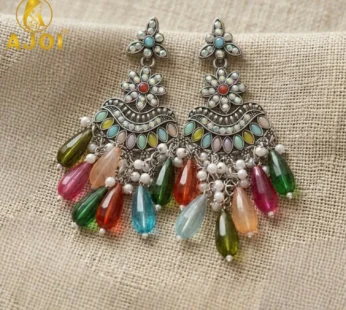 Oxidized Floral Earrings with Multicolor Drop Beads & Pearl Tassels