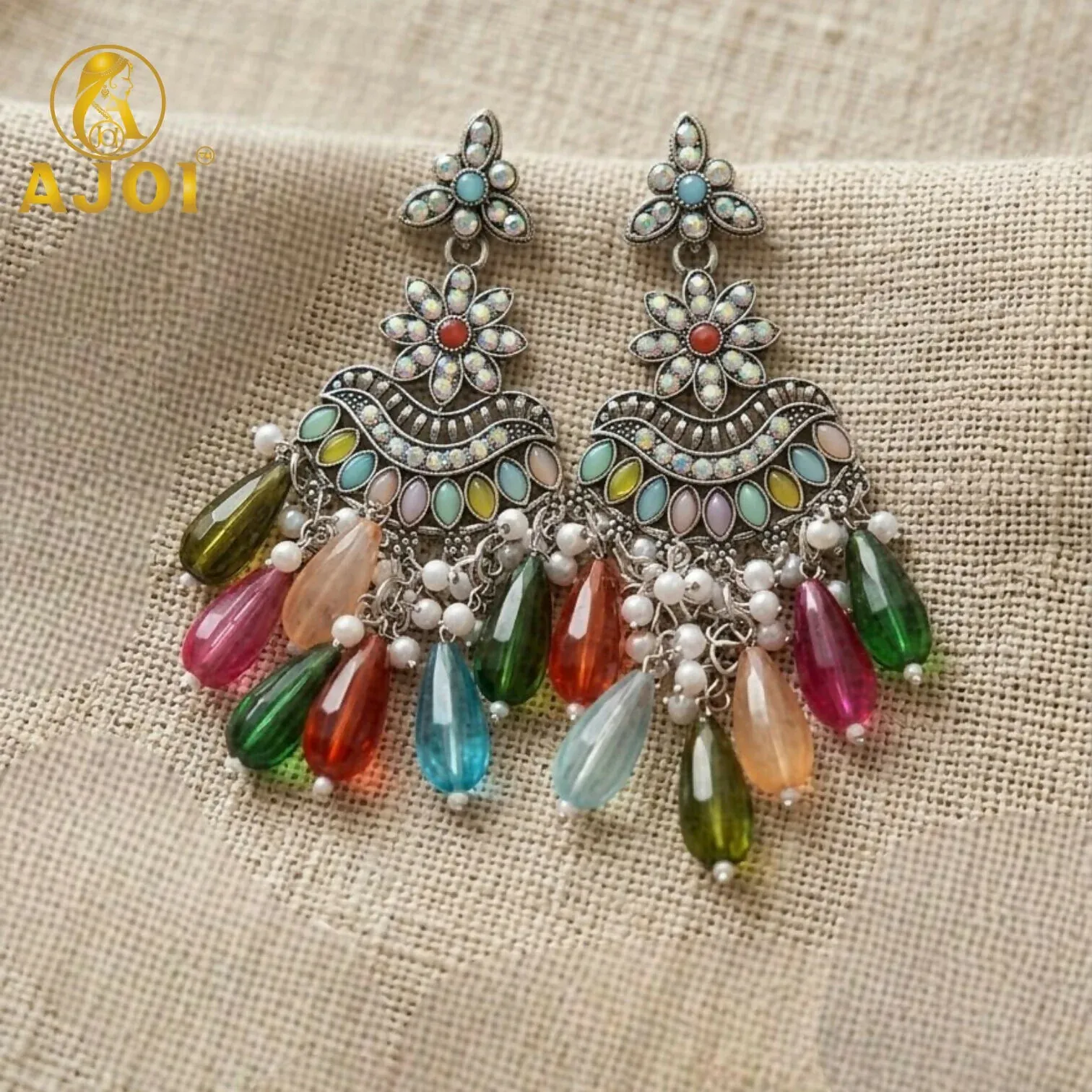 Premium Oxidized Floral Earrings with Multicolor Drop Beads & Pearl Tassels - Buy Online at Alikart