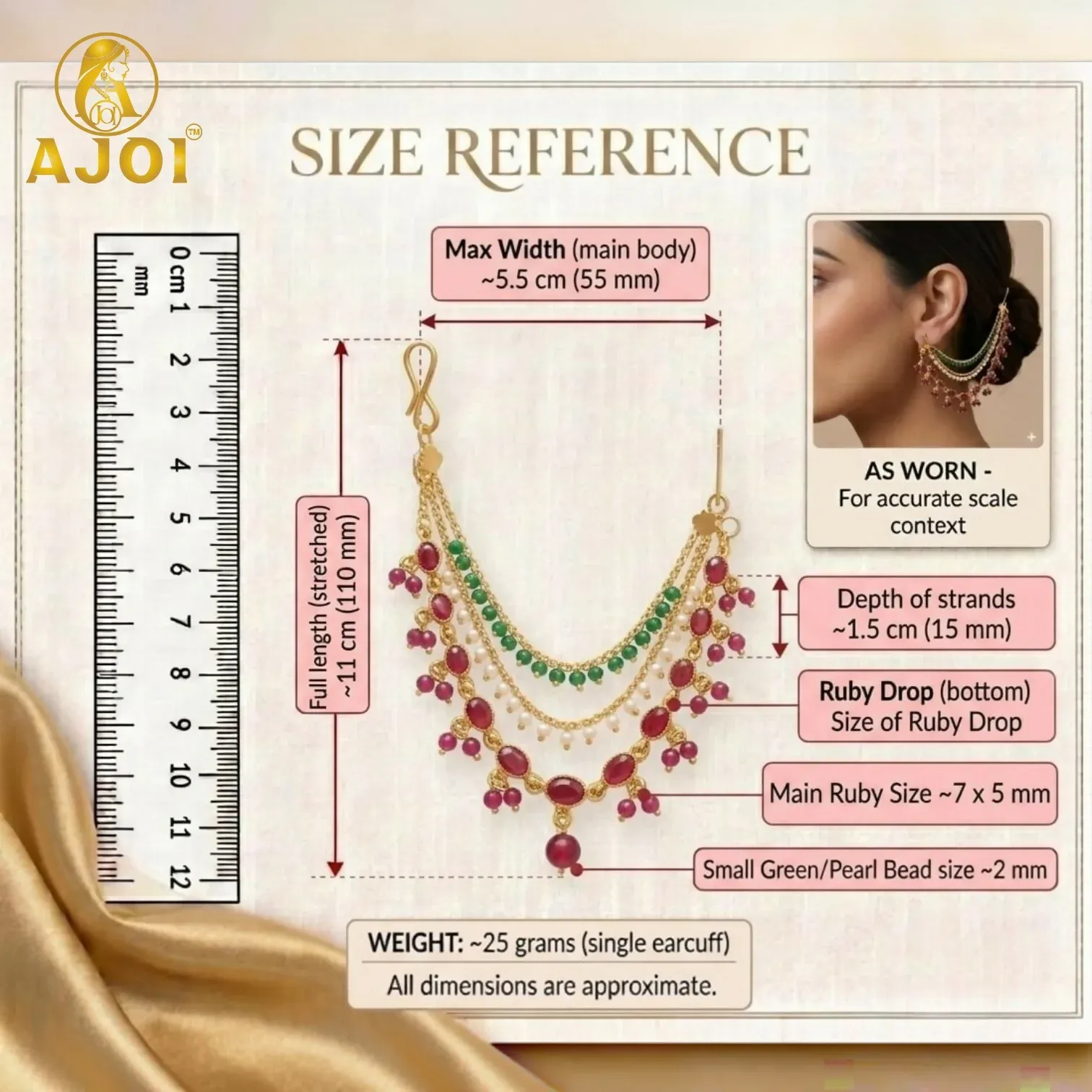 Traditional Gold-Tone Ruby, Emerald & Pearl Multi-Layer Chain Earrings - Detailed Feature View 4