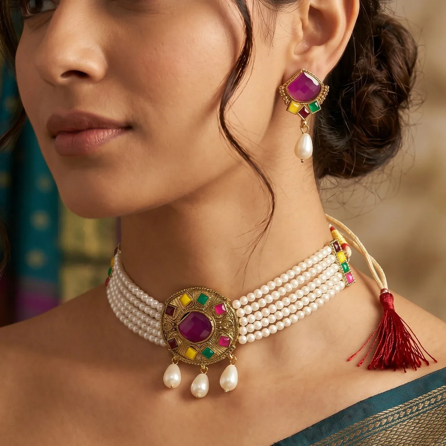 Traditional Purple Stone Pearl Choker Necklace Set with Earrings for Women - Detailed Feature View 2