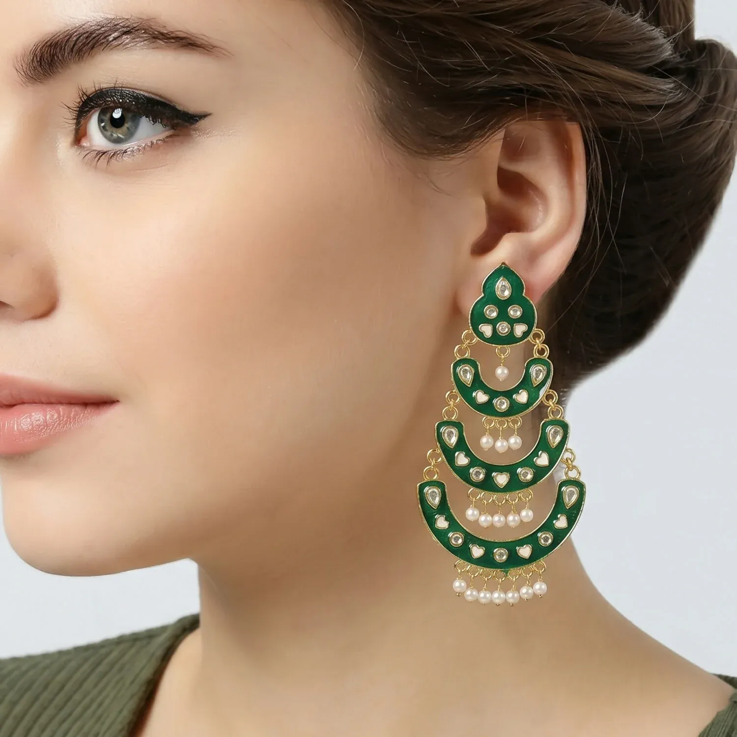 Green Layered Chandbali Earrings with Pearls for Women - Detailed Feature View 4