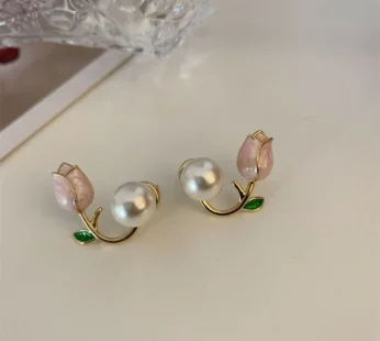 Dainty Enamel Tulip & Pearl Korean Style Earrings