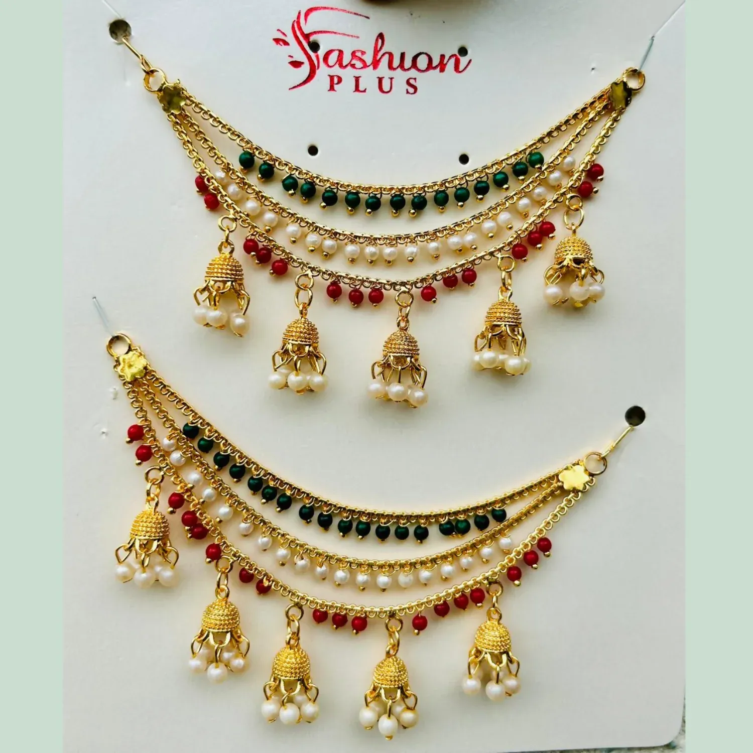 Traditional Gold Finish Tricolor Pearl Jhumki Designer Kanchain for Women - Detailed Feature View 2