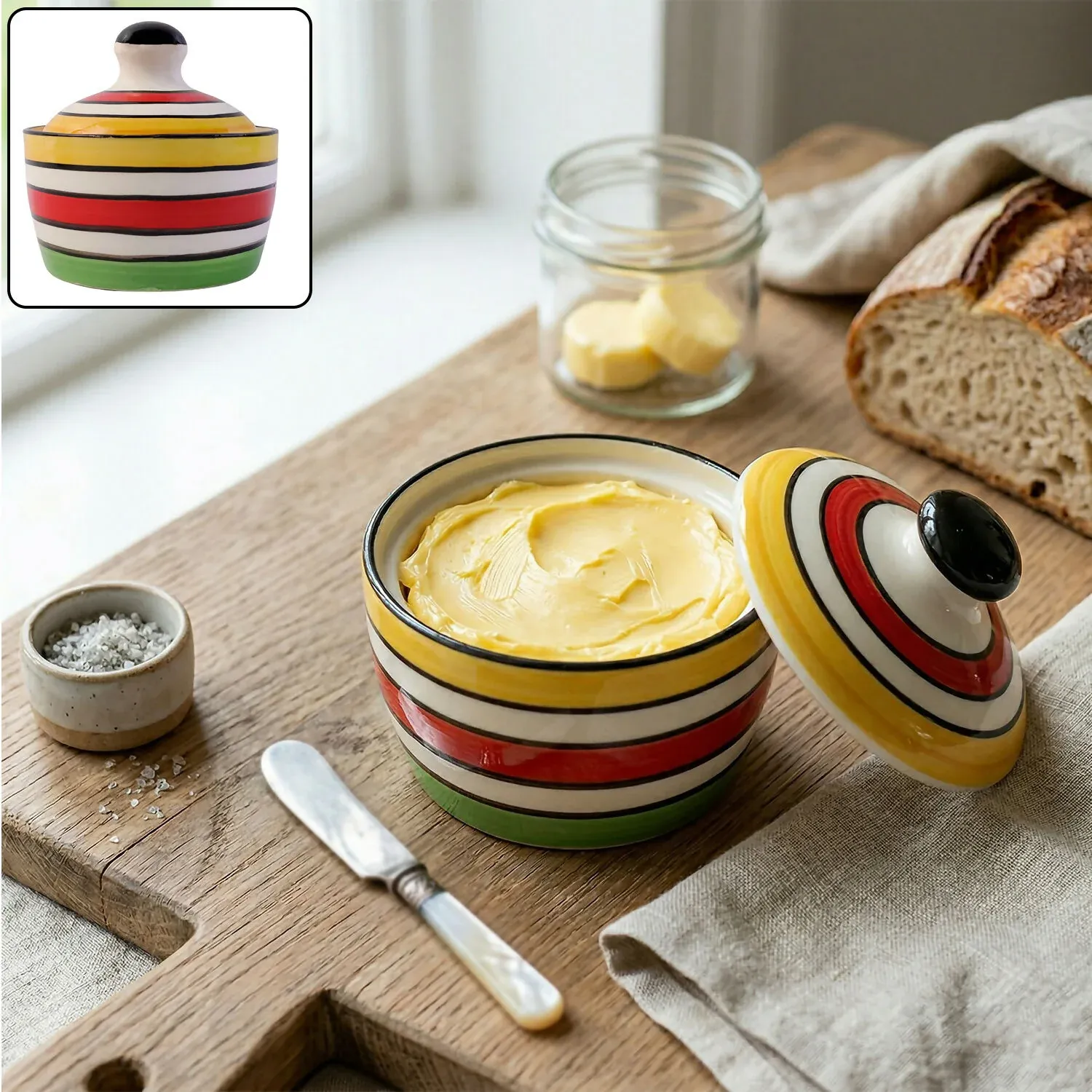 Premium Hand-Painted Royal Ceramic Butter Pot with Lid - Colorful Stoneware - Buy Online at Alikart
