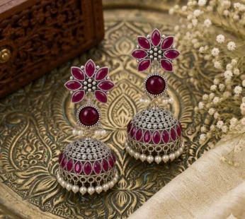 Oxidized Silver Jhumkha Earrings with Lilac Stones & Lavender Beads