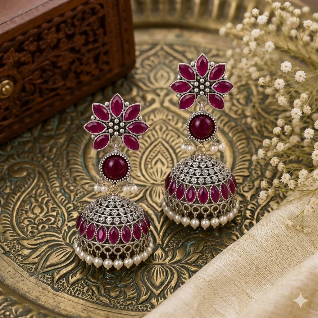 Premium Oxidized Silver Jhumkha Earrings with Lilac Stones & Lavender Beads - Buy Online at Alikart