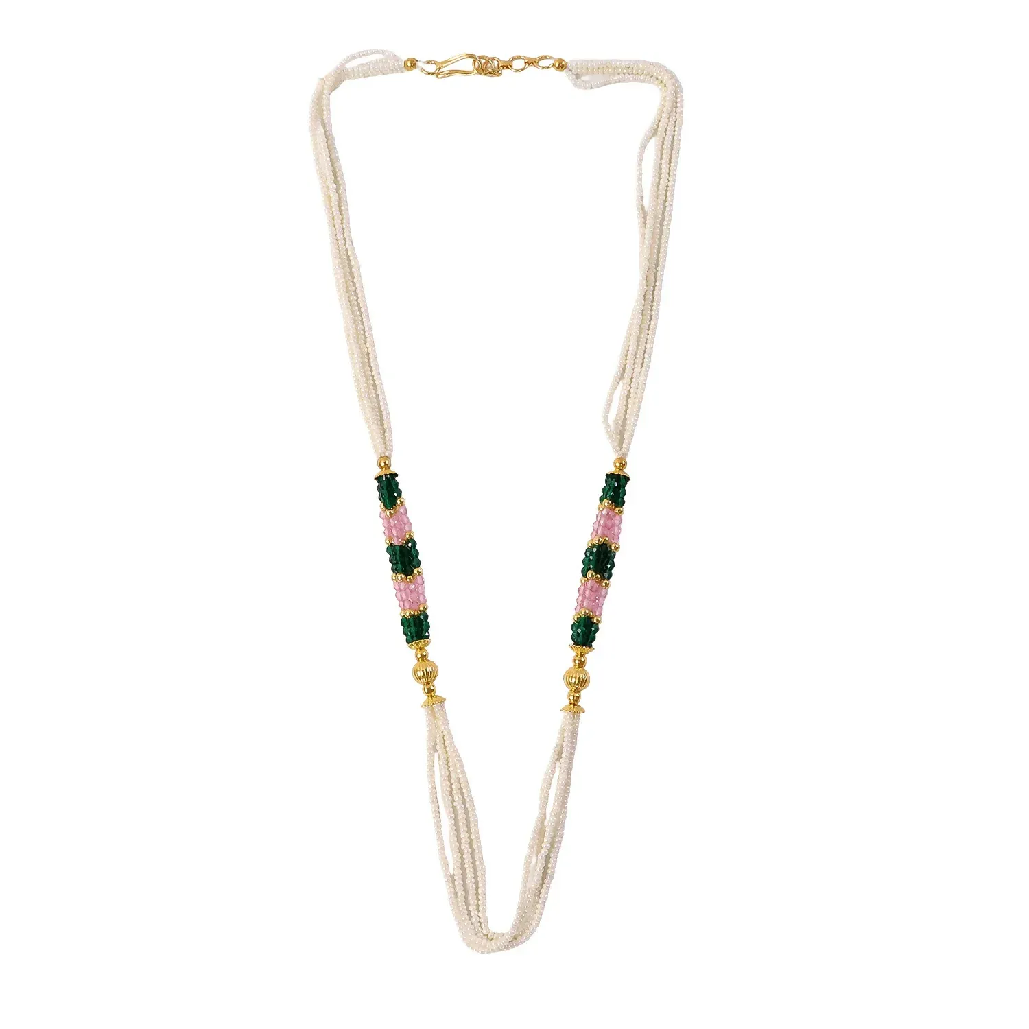Handmade Multi-Strand Pearl Mala Necklace with Green & Pink Beads - Detailed Feature View 4