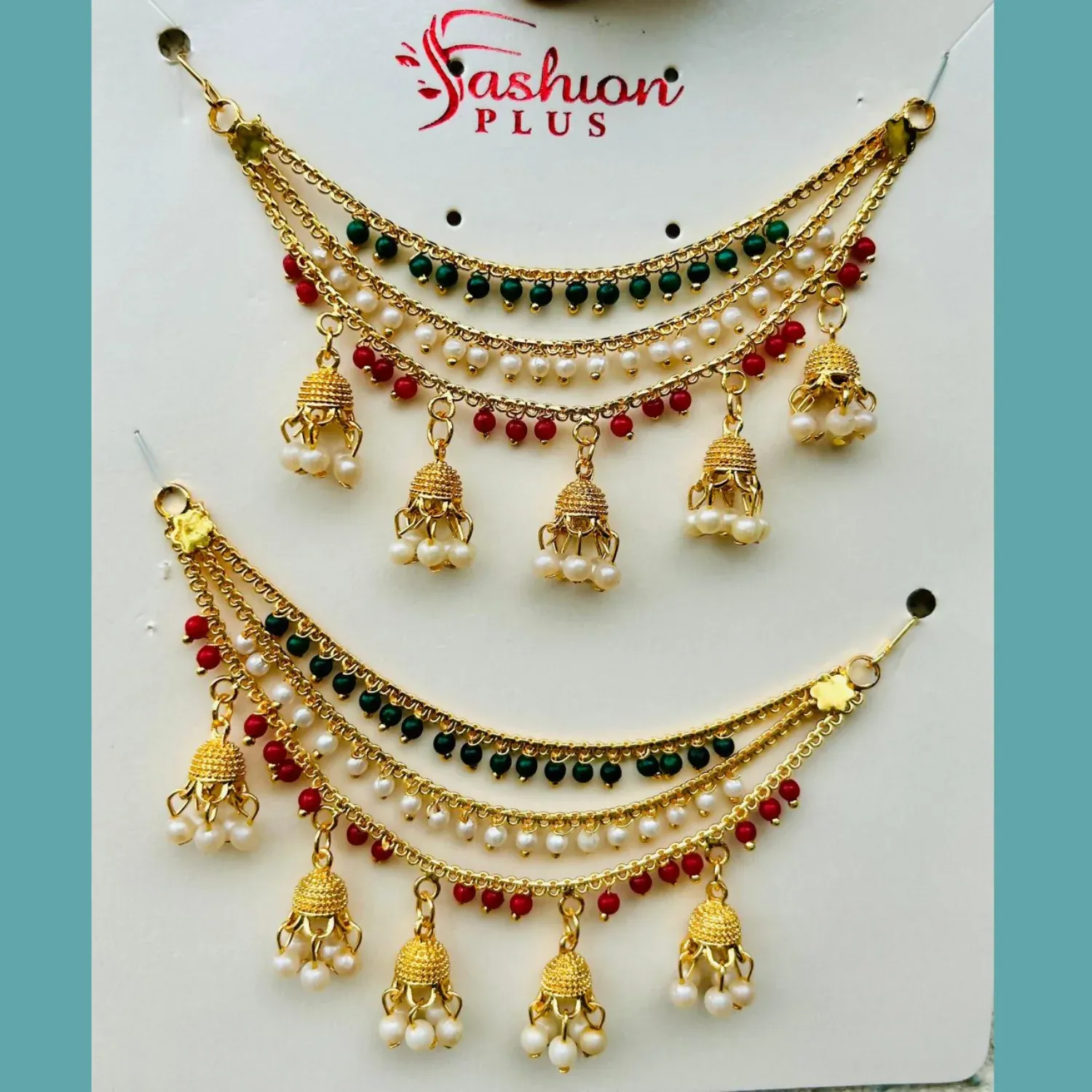 Traditional Gold Finish Tricolor Pearl Jhumki Designer Kanchain for Women - Detailed Feature View 1
