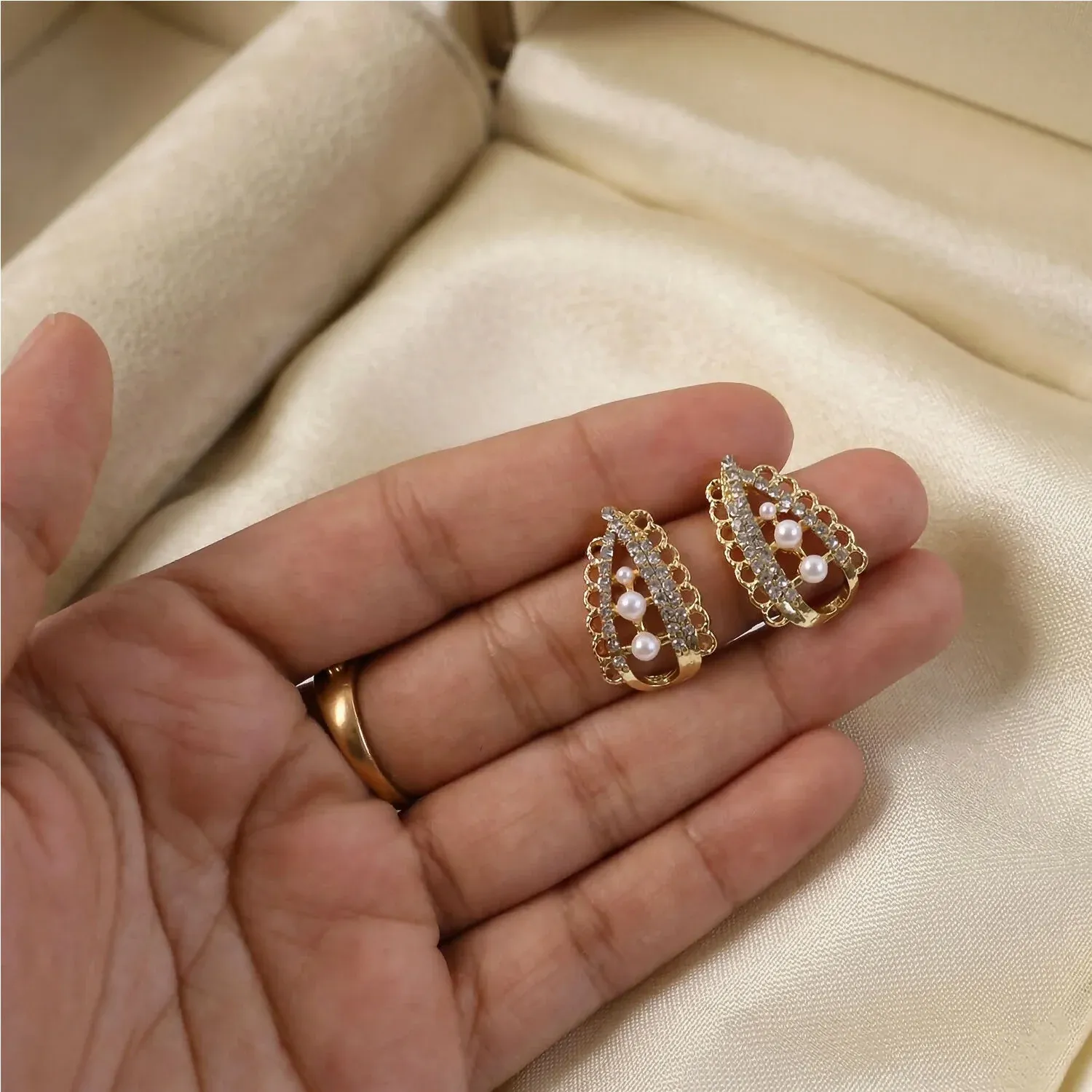 Royal Korean Crystal Arch & Triple Pearl Stud Earrings For Women And Girls - Detailed Feature View 1