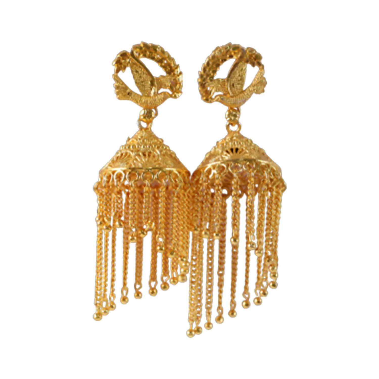 Golden Leaf Design Long Chain Tassel Jhumka Earrings for Women - Detailed Feature View 3