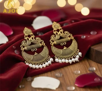 Antique Gold Tribal Chandbali Earrings with Pearl Drops & Peacock Motif