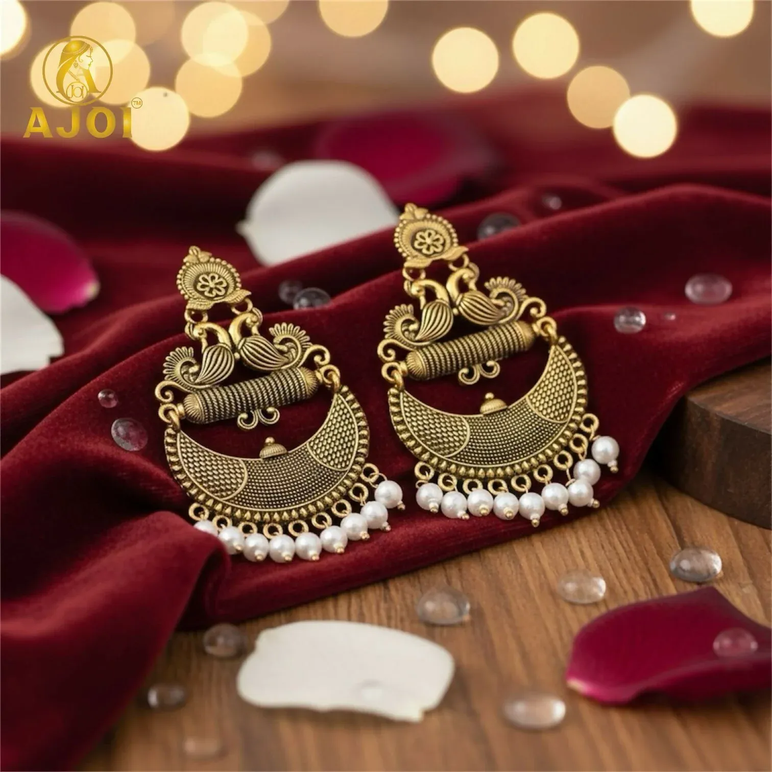 Premium Antique Gold Tribal Chandbali Earrings with Pearl Drops & Peacock Motif - Buy Online at Alikart