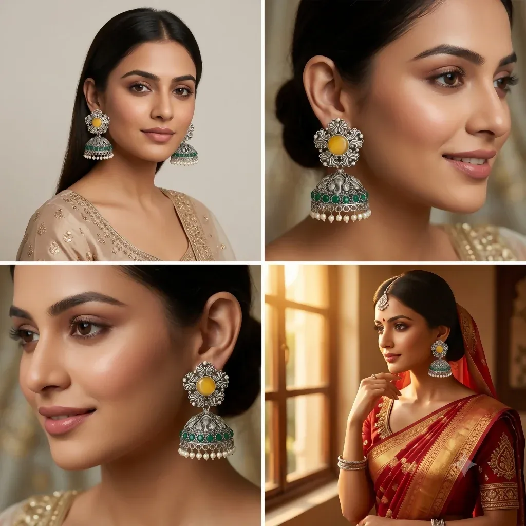 Oxidised Silver Jhumka Earrings with Yellow & Emerald Stones - Detailed Feature View 3