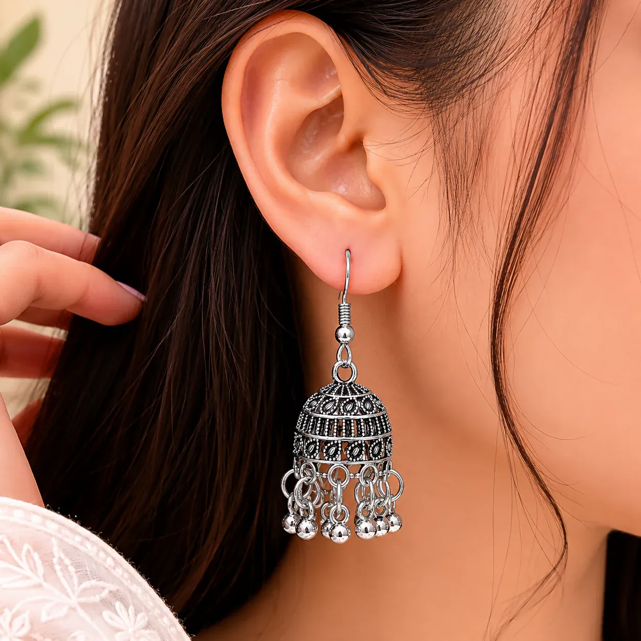 Traditional Oxidised Silver Jhumki Earrings with Ghungroo for Women & Girls - Detailed Feature View 2
