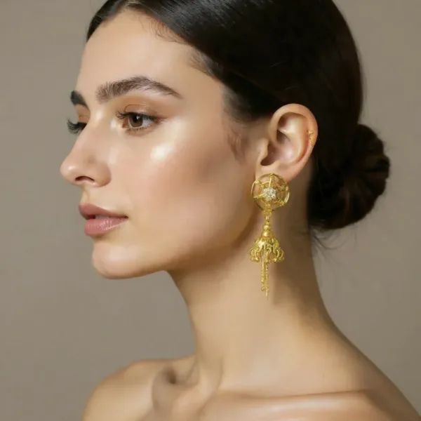 Premium Gold Finish Wheel Style Jhumki with Chain Tassels