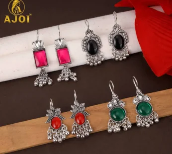 Oxidised Silver Afghani Earrings Set – 4 Pairs with Colored Stones