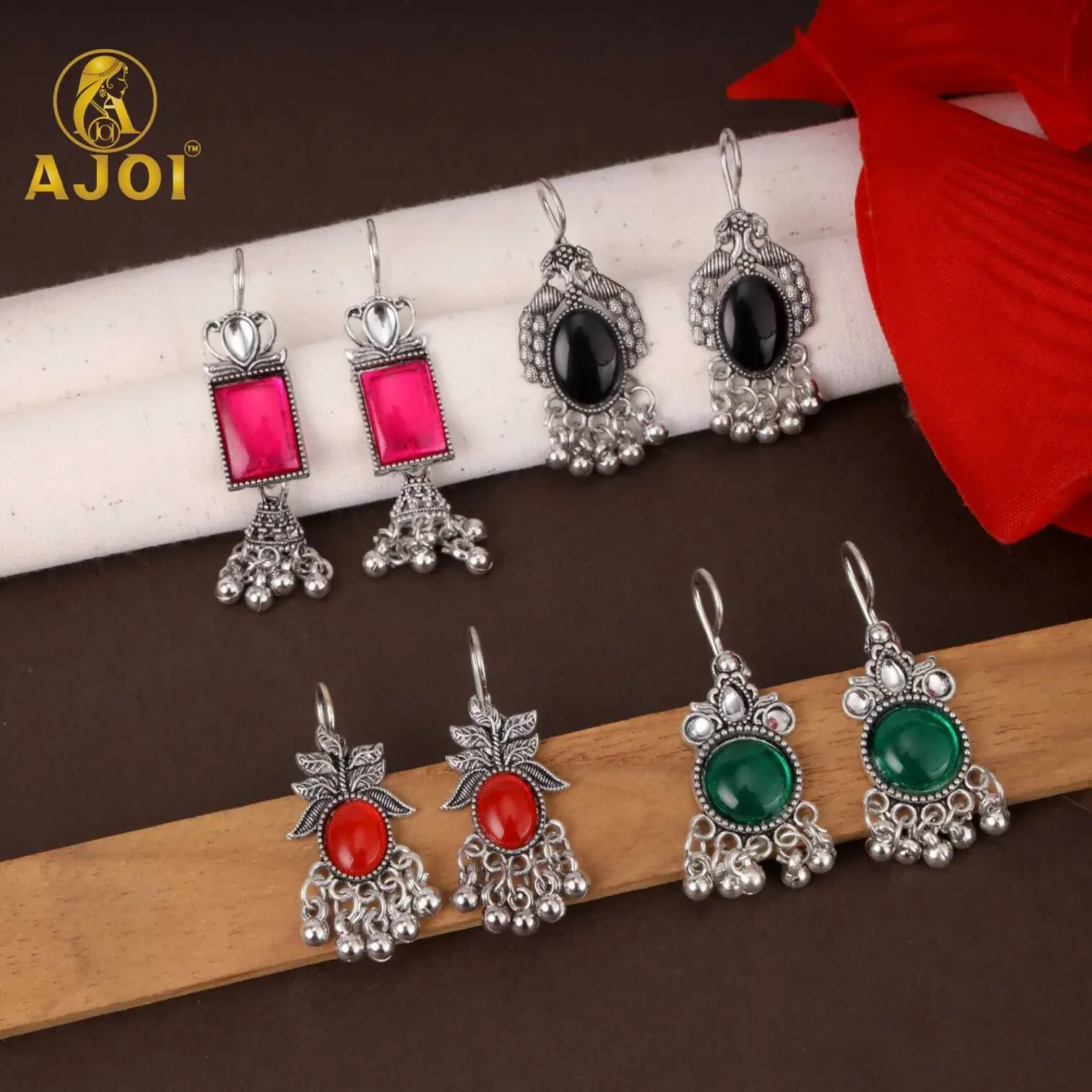 Premium Oxidised Silver Afghani Earrings Set - 4 Pairs with Colored Stones - Buy Online at Alikart